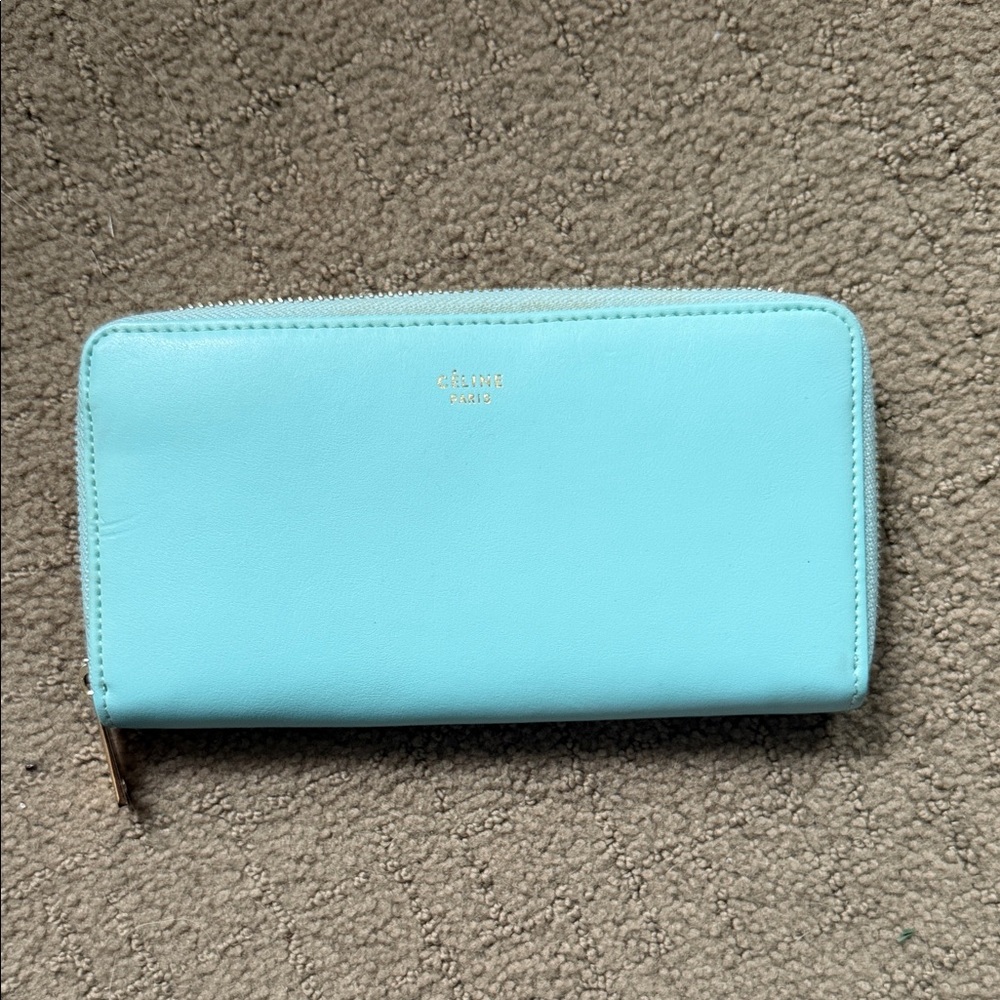Celine Zip Wallet in Pale Turquoise with Gold Logo
